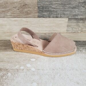 Calaxini Cork Womens Wedge Sandals Sz 9.5 Taupe Leather Slingback Peep Toe